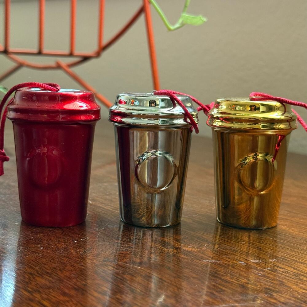 Starbucks Christmas 2014 Ornament Metallic Gold Silver Red To Go Cup - Set of 3